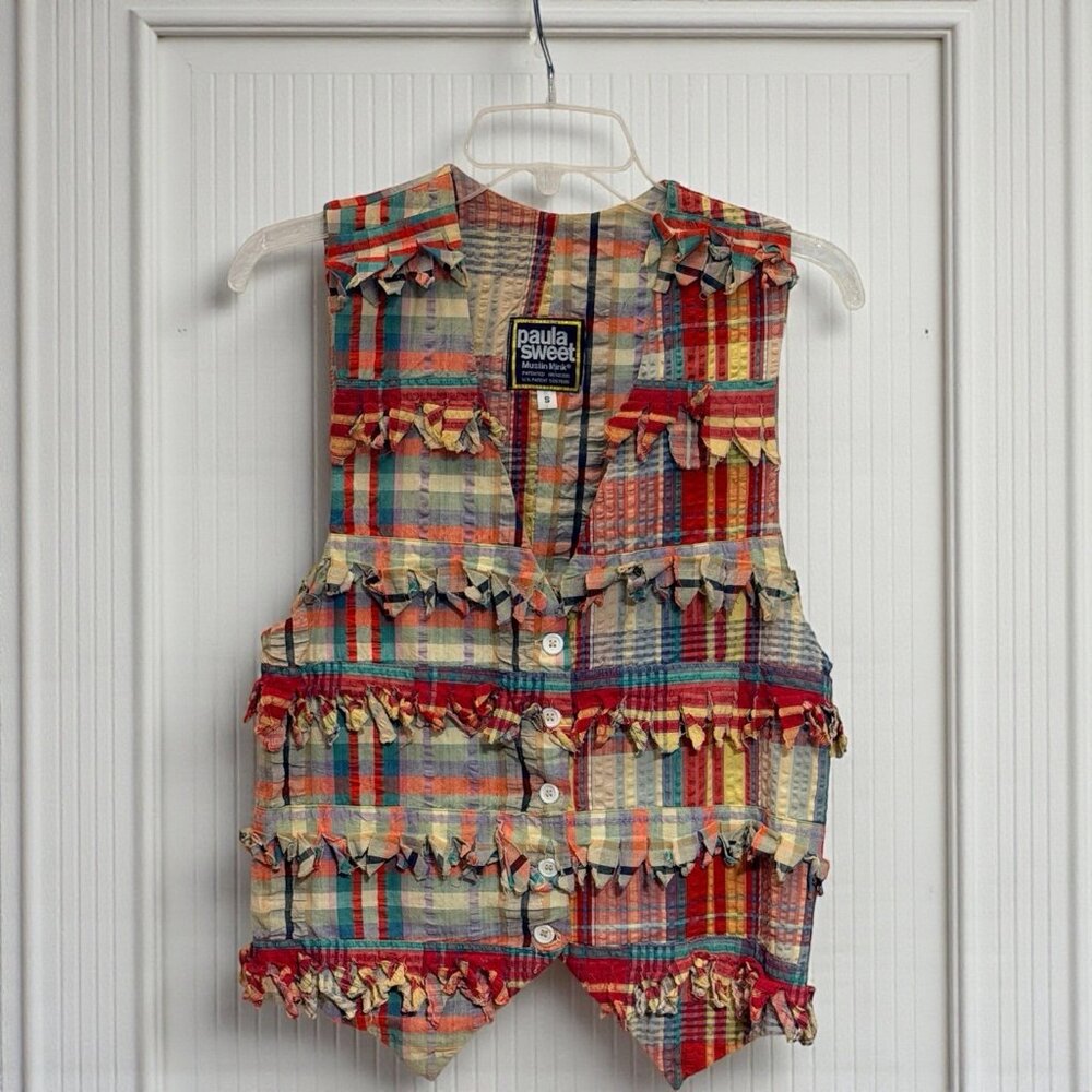 Vintage Paula Sweet Vest Fringed Muslin Colorful Plaid Boho Small Cottagecore